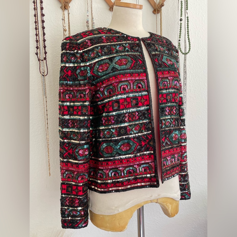 1990s Vintage Adrianna Papéll Silk Beaded Sequin Cocktail Jacket